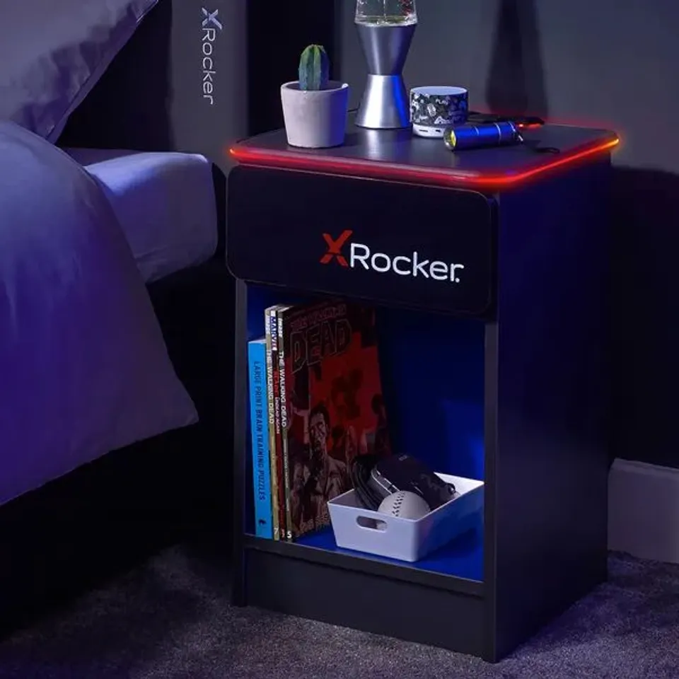 BOXED X ROCKER CARBON-TEK GAMING BEDSIDE TABLE WITH BUILT-IN WIRELESS CHARGING PAD AND MULTI-COLOR LED LIGHTING (1 BOX)
