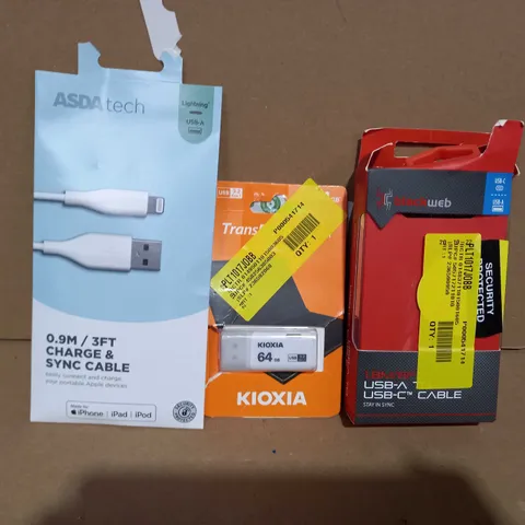 BOX OF APPROXIMATELY 10 ASSORTED ELECTRICAL ITEMS TO INCLUDE ASDA TECH CHARGE & SYNC CABLE, KIOXIA 64GB USB, BLACKWEB USB-A TO USB-C CABLE, ETC