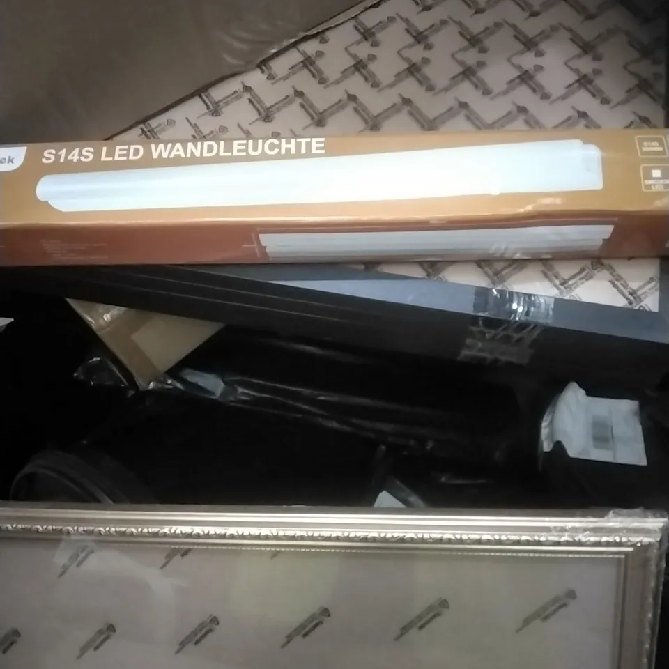PALLET OF ASSORTED HOUSEHOLD GOODS AND PRODUCTS TO INCLUDE; LED LAMPS, BUCKETS, AIR COOLER, BOXED FURNITURE ETC
