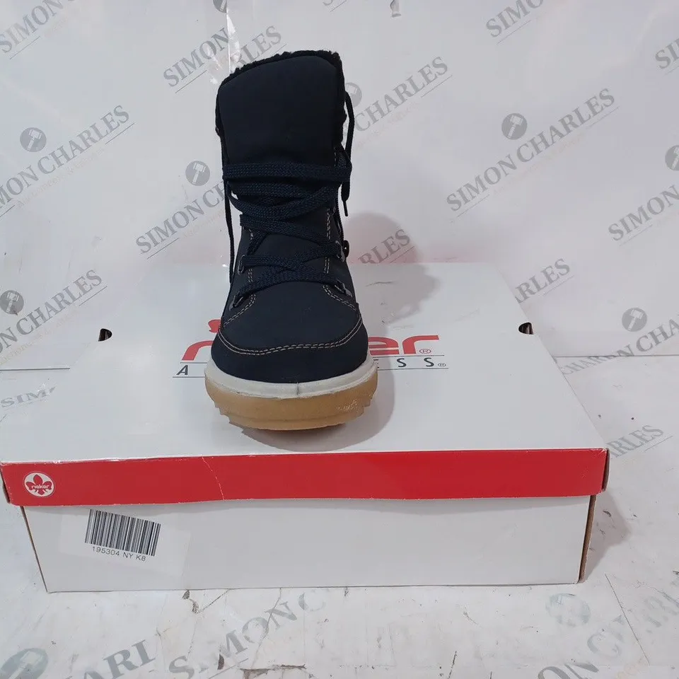 BOXED PAIR OF RIEKER WARM HIKING BOOTS, NAVY - SIZE 8