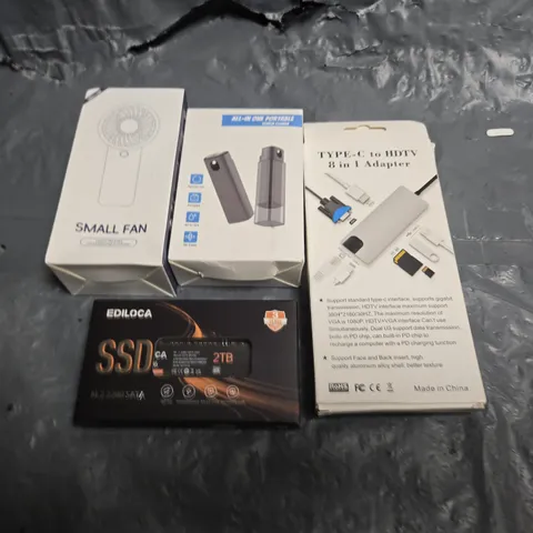 APPROXIMATELY 10 ASSORTED PRODUCTS TO INCLUDE; TYPE C TO HDTV 8 IN 1 ADAPTER, EDILOCA SSD AND SMALL FAN