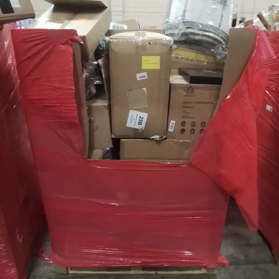 PALLET CONTAINING VARIOUS ASSORTED ITEMS TO INCLUDE: CHRISTMAS DECORATIONS, LARGE BLANKETS, IN CAR TOUCH SCREEN STEREO, KNIFE SET, BUTTERNUT BOX AND LOTS MORE UNMARKED BOXED ITEMS 