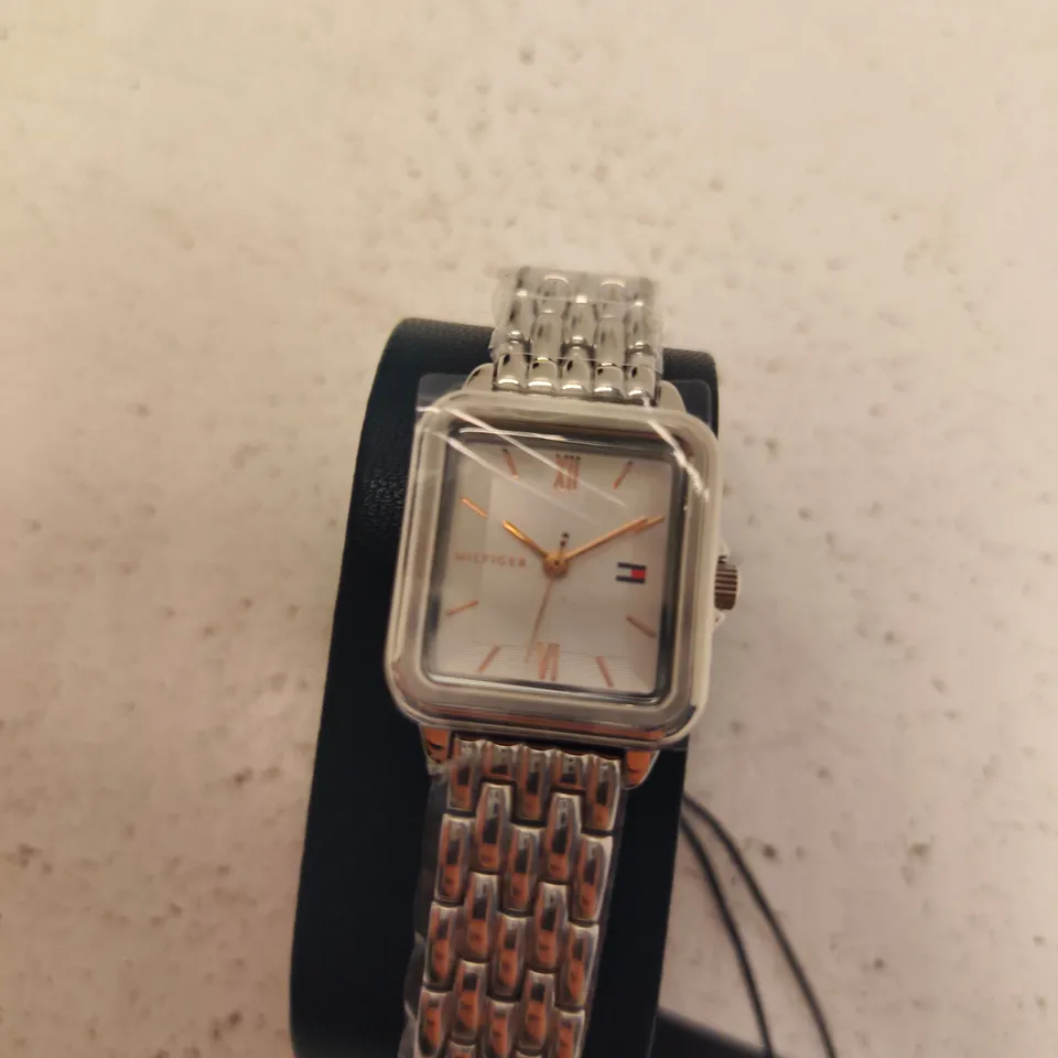 BOXED TOMMY HILFIGER LADIES MIA SQUARE DIAL STAINLESS STEEL BRACELET WATCH
