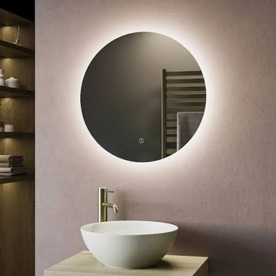 BOXED ROUND BACKLIT HEATED BATHROOM MIRROR WITH LIGHTS 600MM - LUNA