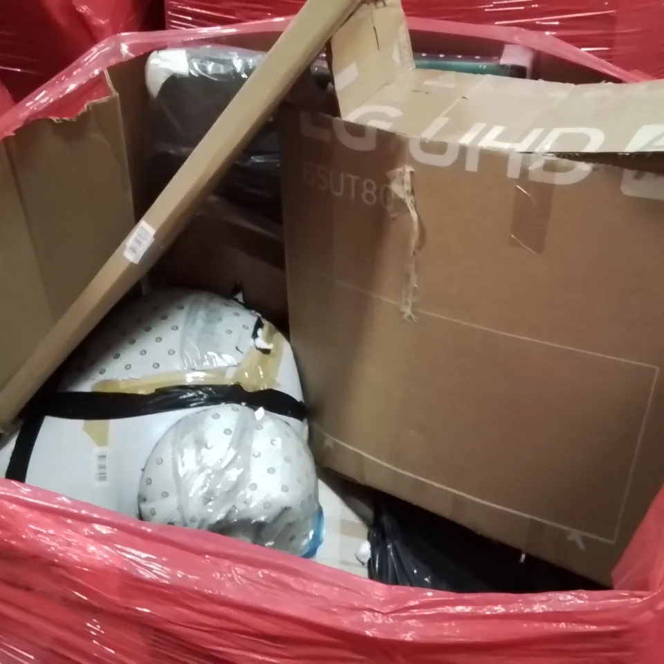PALLET CONTAINING VARIOUS ASSORTED BOXED HOUSEHOLD ITEMS TO INCLUDE: DOVAMAN STS DRILL, PET CRATE, UNDER DESK STEPPING MACHINE, COFFEE MAKER, VAX SPOTLESS DUO VAC AND LOTS MORE UNMARKED BOXED ITEMS 