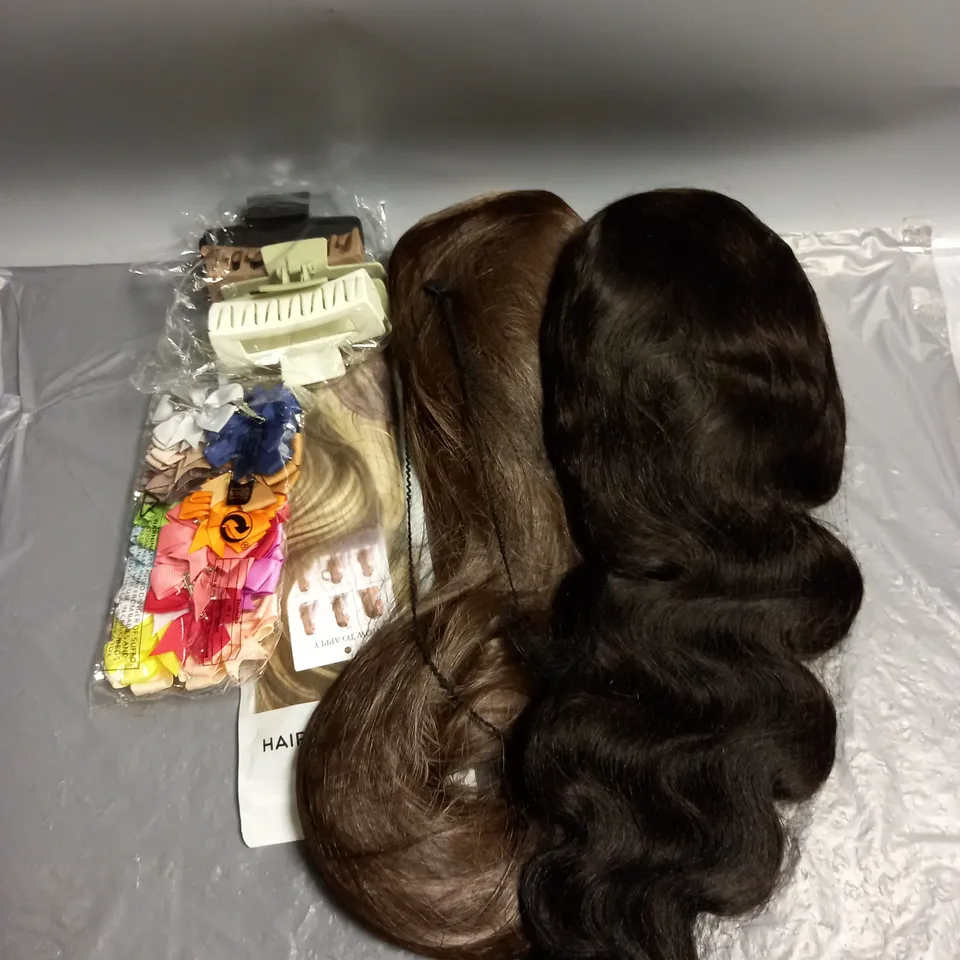 LOT OF APPROX 15 ASSORTED HEALTH AND BEAUTY ITEMS TO INCLUDE DARK CURLED WIG, 4 PACK OF HAIR CLIPS, PREMIUM QUALITY BLONDE HAIR EXTENSIONS, ETC. 