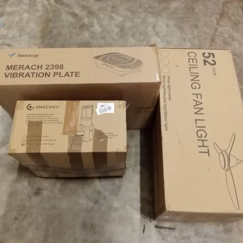 PALLET OF ASSORTED HOUSEHOLD GOODS AND PRODUCTS TO INCLUDE; SLOW JUICER, CEILING FAN LIGHT, VIBRATION PLATE ETC