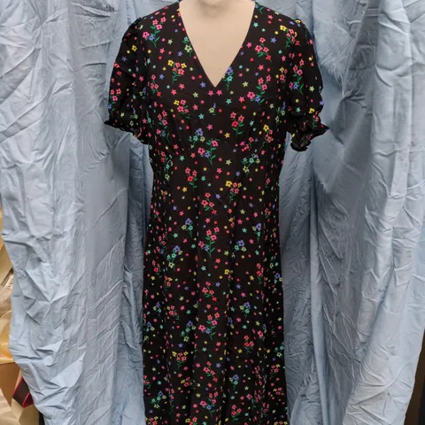 SUGARHILL BRIGHTON MARY JANE MIDI DRESS – BLACK WITH RAINBOW SPRIGS (UK 14)
