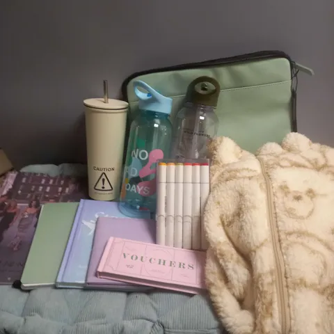 BOX OF APPROXIMATELY 10 ASSORTED HOUSEHOLD ITEMS TO INCLUDE CARE BEARS FLEECE JACKET, BOTTLES, DUAL NIB MARKERS ETC