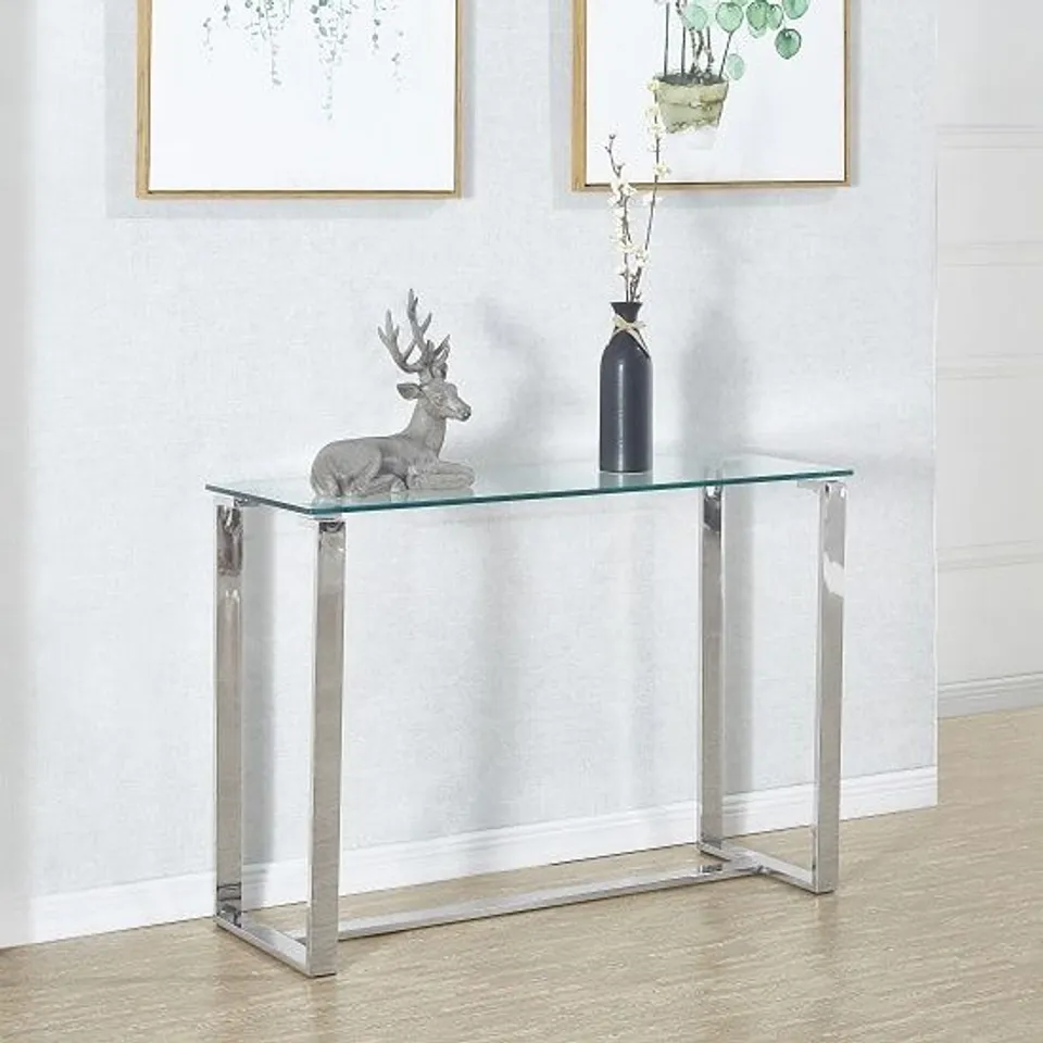 BRAND NEW BOXED MEGAN CLEAR GLASS RECTANGULAR CONSOLE TABLE WITH CHROME LEGS (1 BOX)