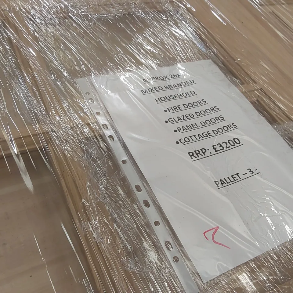 PALLET CONTAINING APPROXIMATELY 26x MIXED BRANDED HOUSEHOLD FIRE DOORS, GLAZED DOORS, PANEL DOORS, COTTAGE DOORS ECT