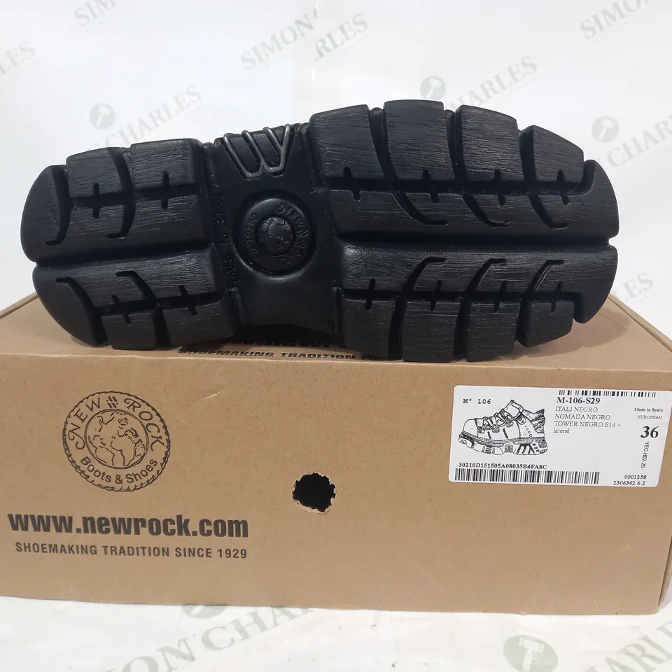 BOXED PAIR OF NEW ROCK CHUNKY PLATFORM LEATHER SHOES IN BLACK EU SIZE 36