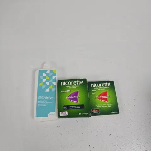 TOTE OF APPROXIMATELY 15 ASSORTED ITEMS INCLUDING NICORETTE INVISI 25MG PATCH, SPECSAVERS EASY VISION EASIPURPOSE 250ML AND NICORETTE 15MG INHALATOR