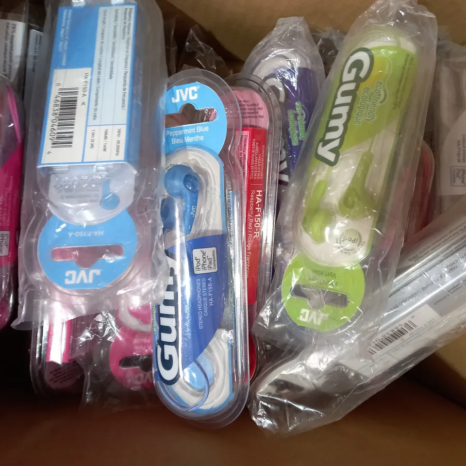 BOX OF APPROXIMATELY 20 ASSORTED JVC GUMY STEREO HEADPHONES IN VARIOUS COLOURS