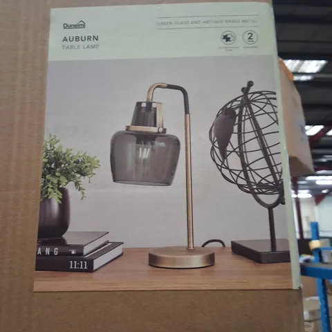BOXED DUNELM AUBURN TABLE LAMP β GREEN GLASS SHADE WITH ANTIQUE BRASS METAL