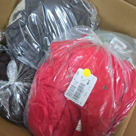 LARGE BOX OF APPROX 15 ASSORTED CLOTHING ITEMS IN VARIOUS COLORS , STYLES AND SIZES