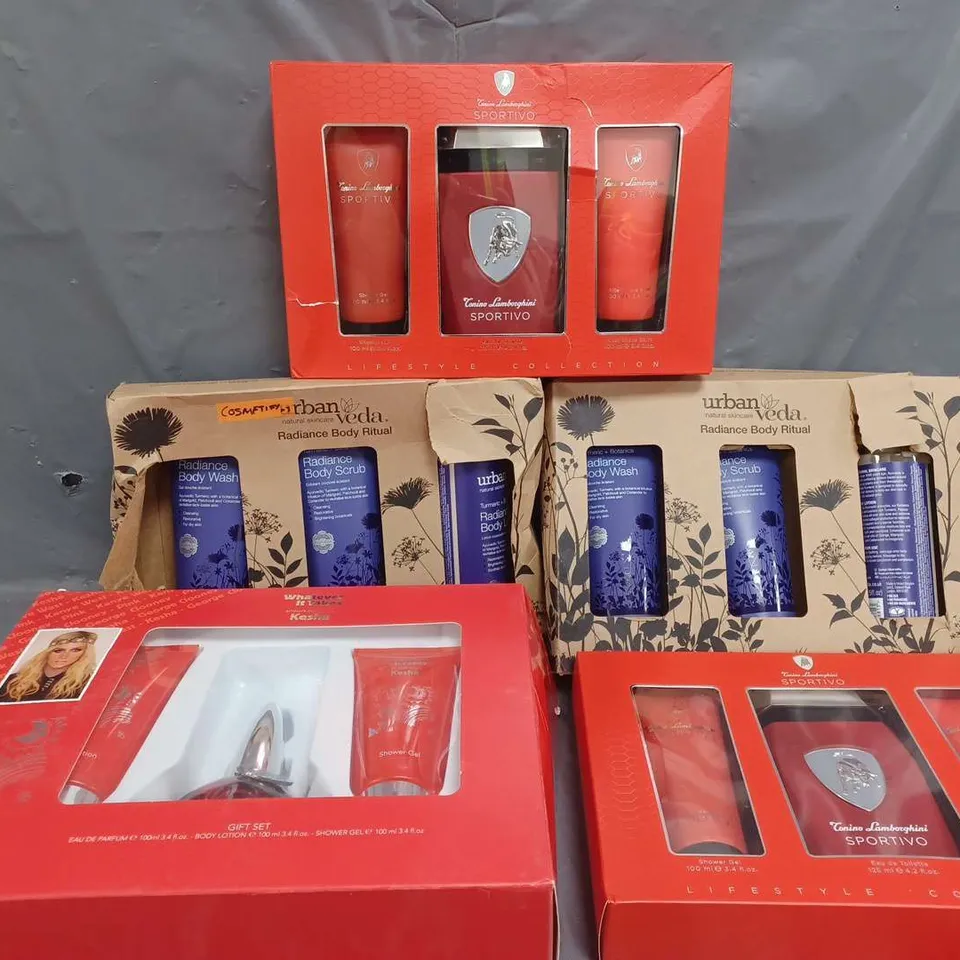 5 BOXED COSMETICS SETS TO INCLUDE URBAN VEDA RADIANCE BODY RITUAL SET, WHATEVER IT TAKES KESHA SET, TONINO LAMBORGHINI SPORTIVO SET, ETC