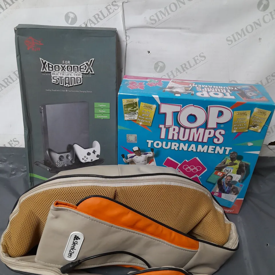 BOX OF ASSORTED ITEMS TO INCLUDE - XBOXONEX STAND - TOP TRUMPS - MASSAGER BELT / COLLECTION ONLY 