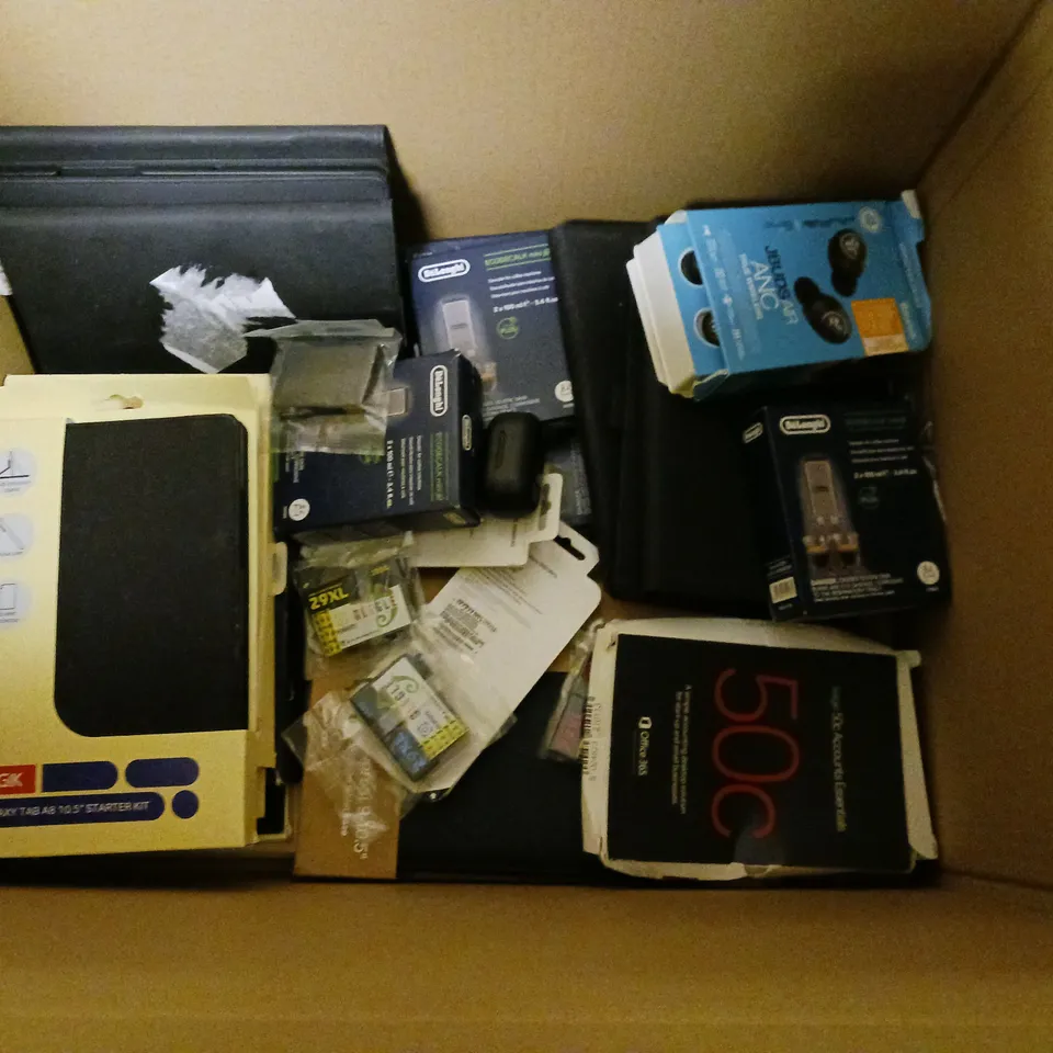 LOT OF ASSORTED ITEMS TO INCLUDE TABLET CASES, DELONGHI DESCALERS, FILLED CUSHIONS AND INK CARTRIDGES