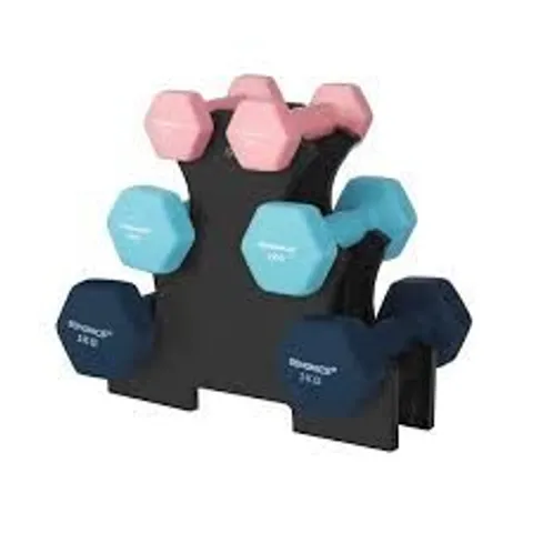 BOXED SONGMICS WEIGHT LIFTING DUMBBELL KIT WITH STORAGE STAND - GREEN, TURQUOISE, GREY
