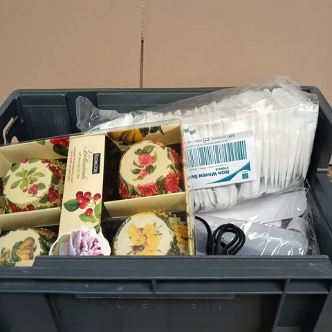 TOTE OF APPROXIMATELY 10 ASSORTED ITEMS INCLUDING EDDNGTONS BOTANICAL CUP CAKE COLLECTION, NON WOVEN SWABS AND MATCHA FUEL MATCHA LATTE MUG