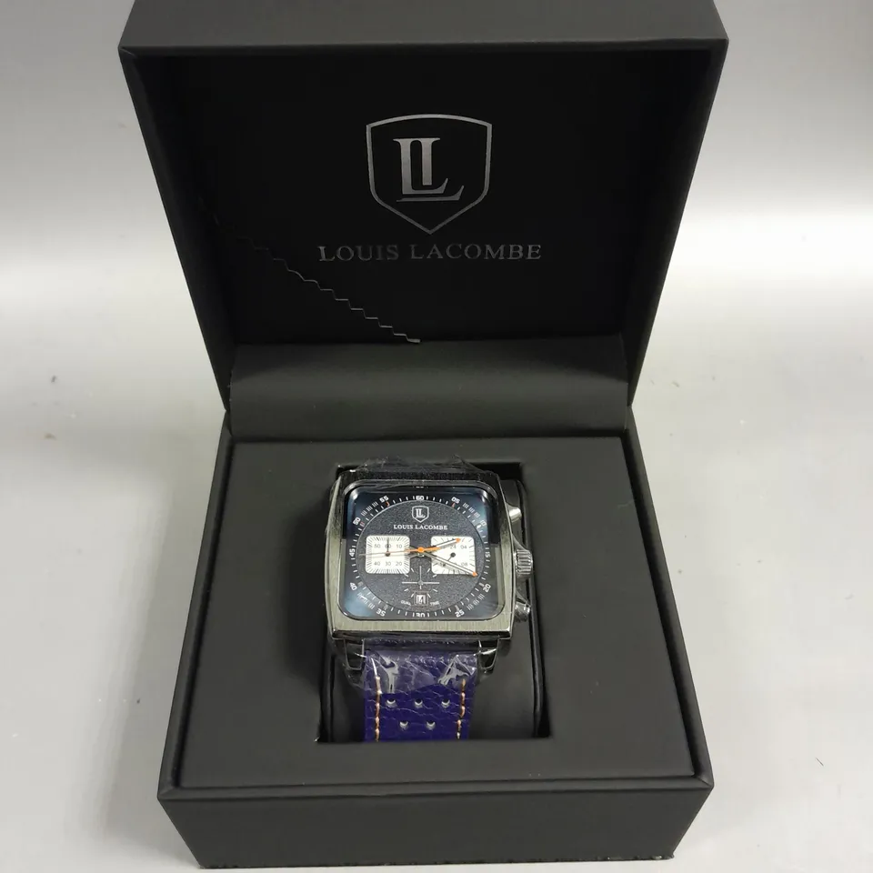 MENS LOUIS LACOMBE WATCH – SQUARE DIAL WITH WHITE SUB DIALS – LEATHER STRAP