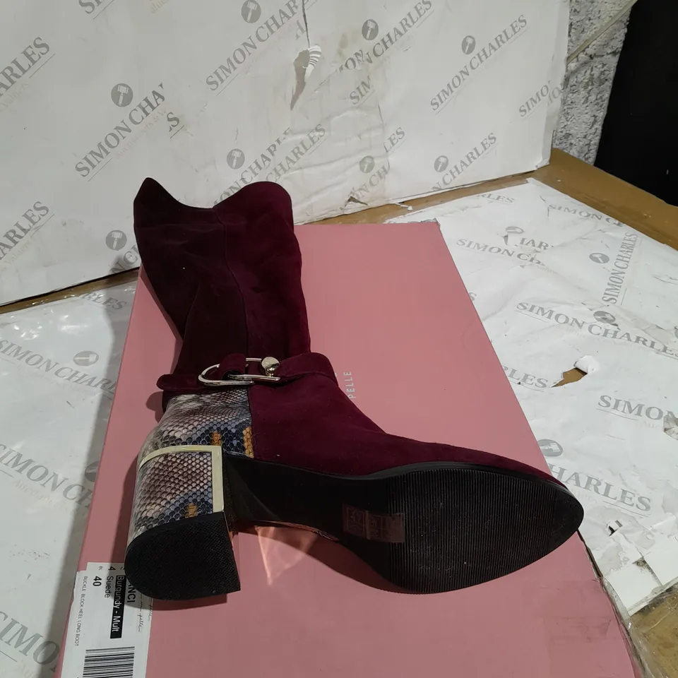 BOXED MODA IN PELLE BURGUNDY SUEDE BUCKLE BLOCK HEEL LONG BOOT