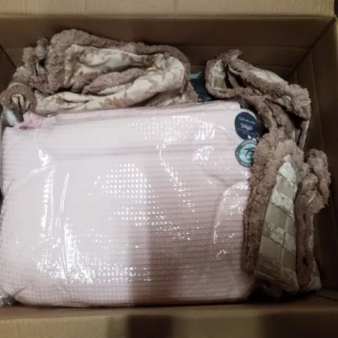 BOX CONTAINING ASSORTED FABRICS INCLUDING BEDDING SET, CUSHION CASES & PET BED