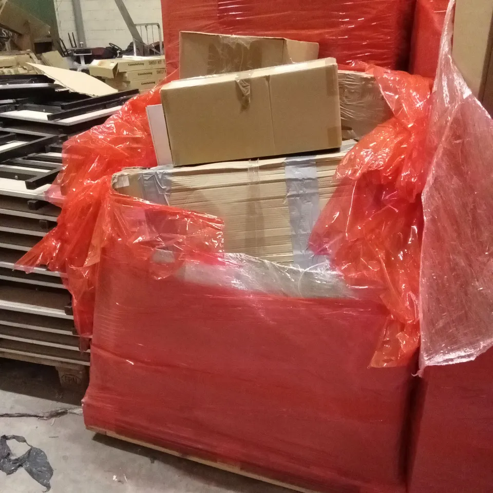 PALLET OF ASSORTED HOUSEHOLD GOODS AND PRODUCTS TO INCLUDE; BOXED FURNITURE, TOILET SEAT ETC