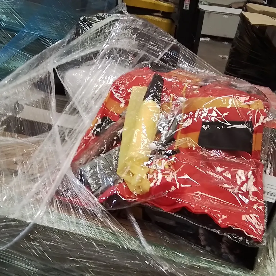 PALLET OF ASSORTED HOUSEHOLD GOODS AND PRODUCTS TO INCLUDE;VACUUM CLEANER,SPIN MOP,BUSH FREEBIES BOX,OIL FILLED RADIATOR,FIREMAN KIDS OUTFIT