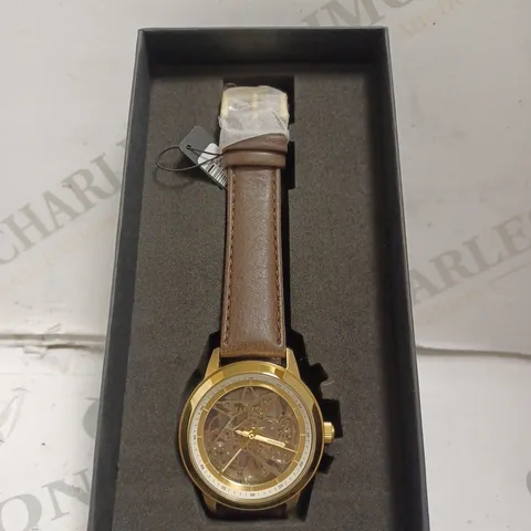 BOXED EARNSHAW WATCH - AUTOMATIC - STAINLESS STEEL - LEATHER STRAP - SKELETON FACE - WATER RESISTANT 5 ATM.