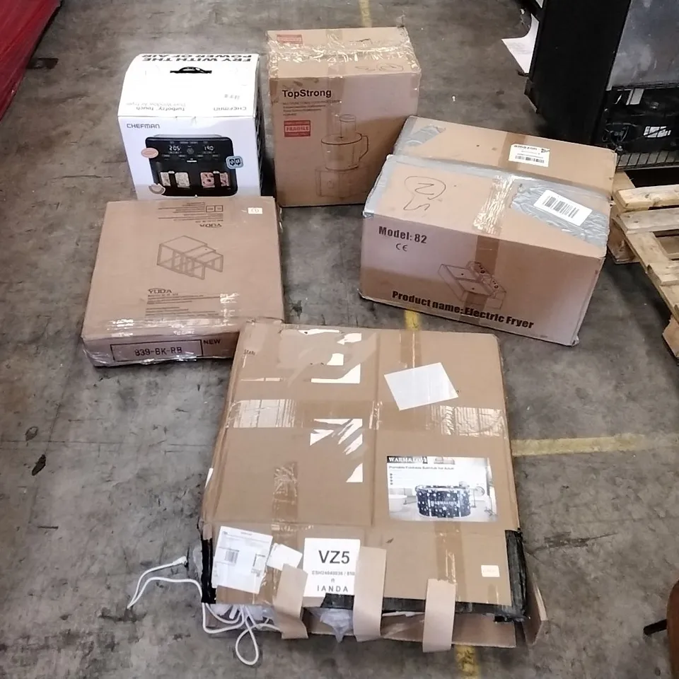 PALLET OF ASSORTED ITEMS TO INCLUDE: ELECTRIC FRYER, AIR FRYER, MULTIFUNCTIONAL FOOD PROCESSOR, NESTING TABLES, PORTABLE BATH TUB ECT