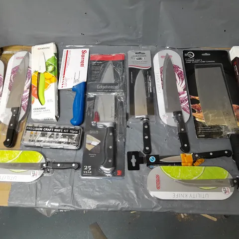 10 ASSORTED KITCHEN KNIFES IN VARIOUS STYLES TO INCLUDE WUSTHOF, STARRETT, AND APOLLO ETC.