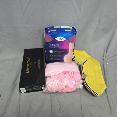 APPROXIMATELY 8 ASSORTED HEALTH & BEAUTY ITEMS TO INCLUDE MAKEUP BAGS, PADS, HAIR EXTENSIONS, ETC