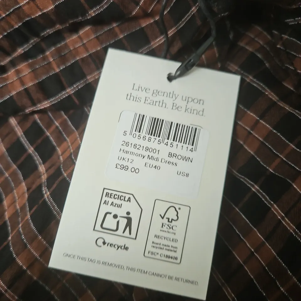 NOBODYS CHILD HARMONY MIDI DRESS – BROWN PLAID, UK 12