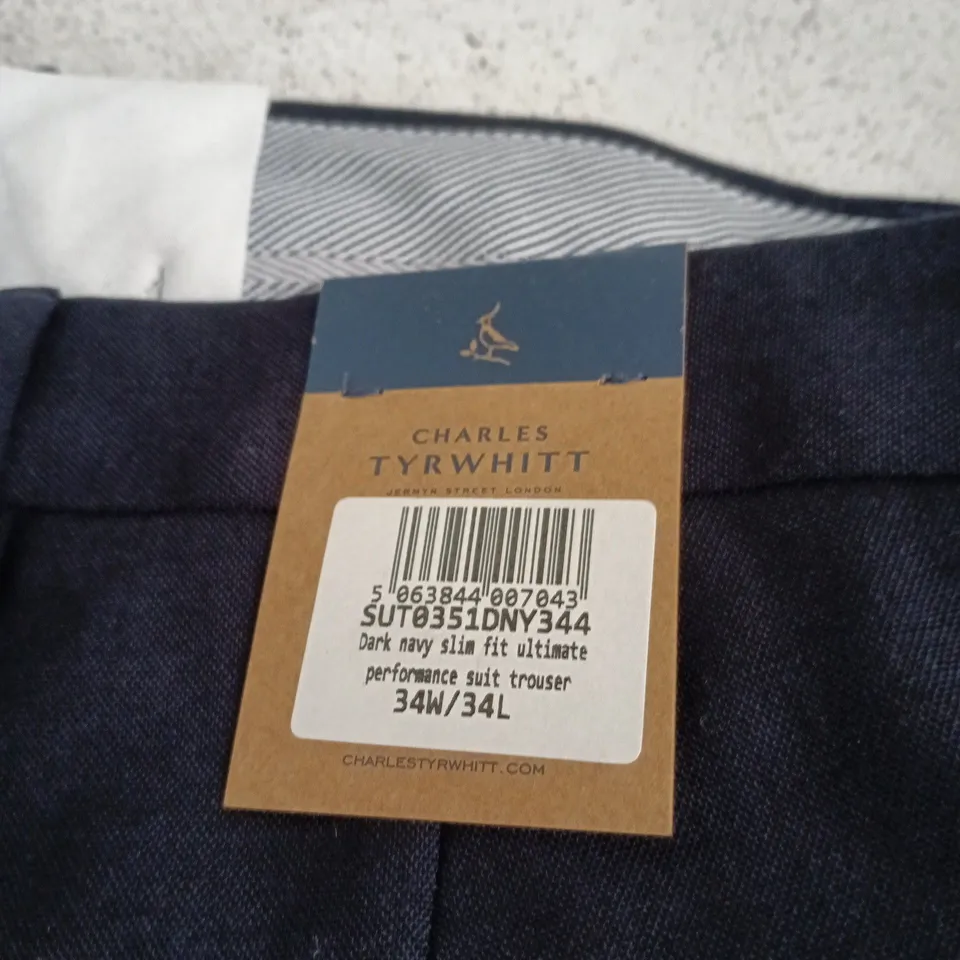 CHARLES TYRWHITT DARK NAVY SLIM-FIT ULTIMATE PERFORMANCE SUIT TROUSERS, 34W/34L