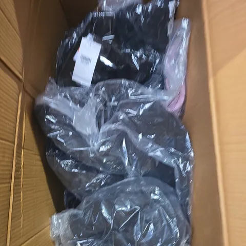 LARGE BOX OF APPROX 10 ASSORTED CLOTHING ITEMS IN VARIOUS STLYES , SIZES AND COLOURS