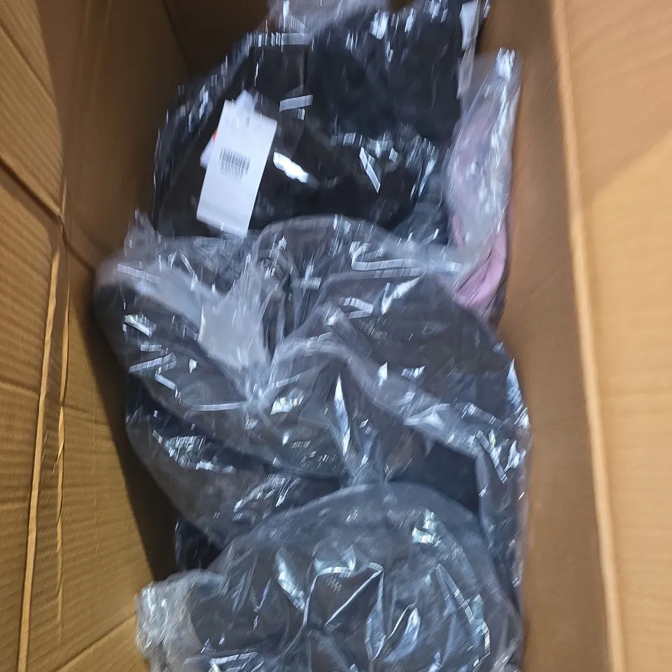 LARGE BOX OF APPROX 10 ASSORTED CLOTHING ITEMS IN VARIOUS STLYES , SIZES AND COLOURS