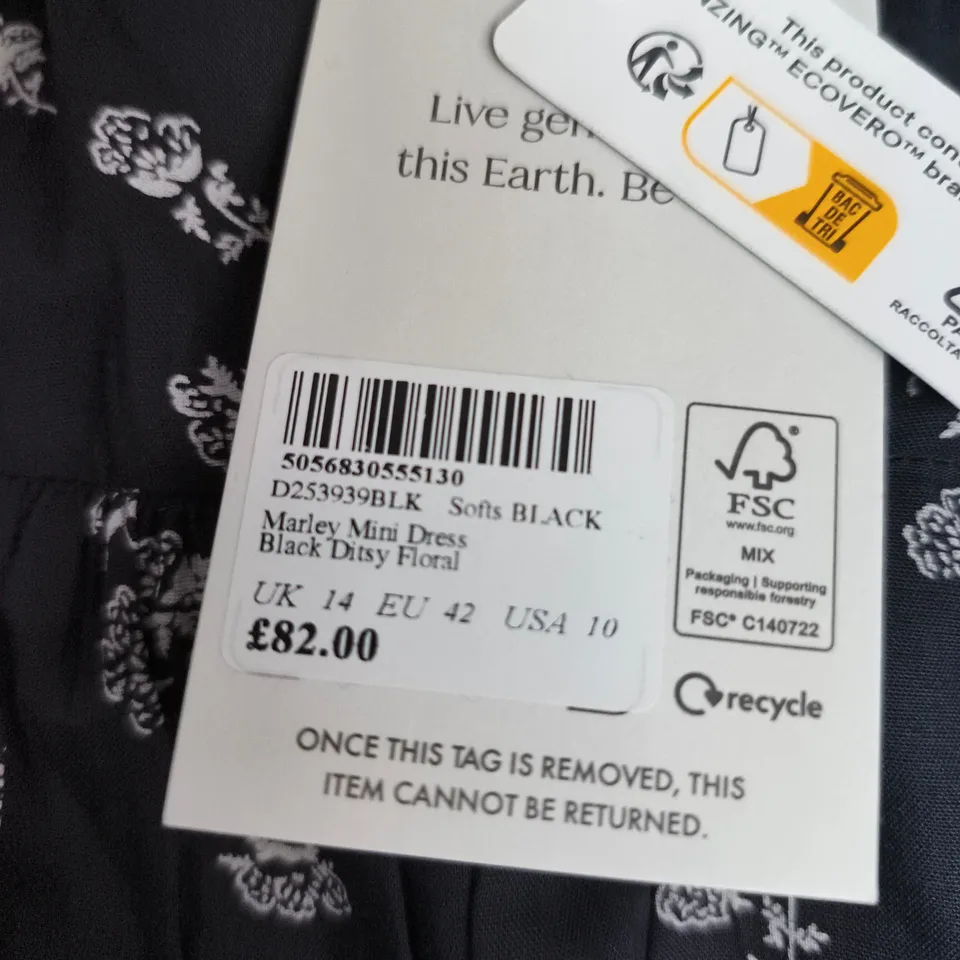 NOBODYS CHILD MARLEY MINI DRESS – BLACK DITSY FLORAL, WOMEN'S UK 14