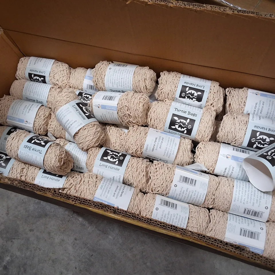 BOX CONTAINING APPROXIMATELY 200 TURTLE BAGS ORGANIC LONG HANDLE STRING BAGS - NATURAL
