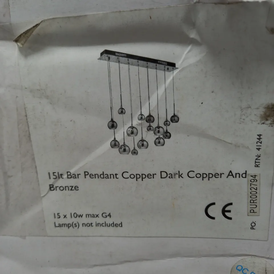 AURELIA 15 LIGHT BAR PENDANT BLACK CHROME & COPPER/BRONZE GLASS
