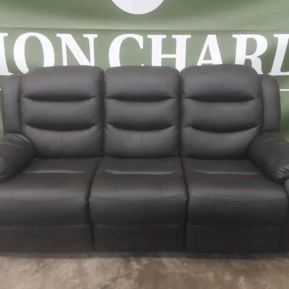 DESIGNER 3 SEATER MANUAL RECLINER SOFA - BLACK FAUX LEATHER