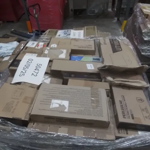 PALLET CONTAINING LARGE QUANTITY OF WALL MOUNTS TO INCLUDE, PHONE WALL MOUNT, MONITOR WALL MOUNT, RETRACTABLE TV WALL MOUNT ETC