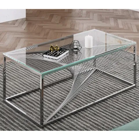 BRAND NEW BOXED BOLZANO CLEAR GLASS COFFEE TABLE WITH SILVER STAINLESS STEEL LEGS (1 BOX)