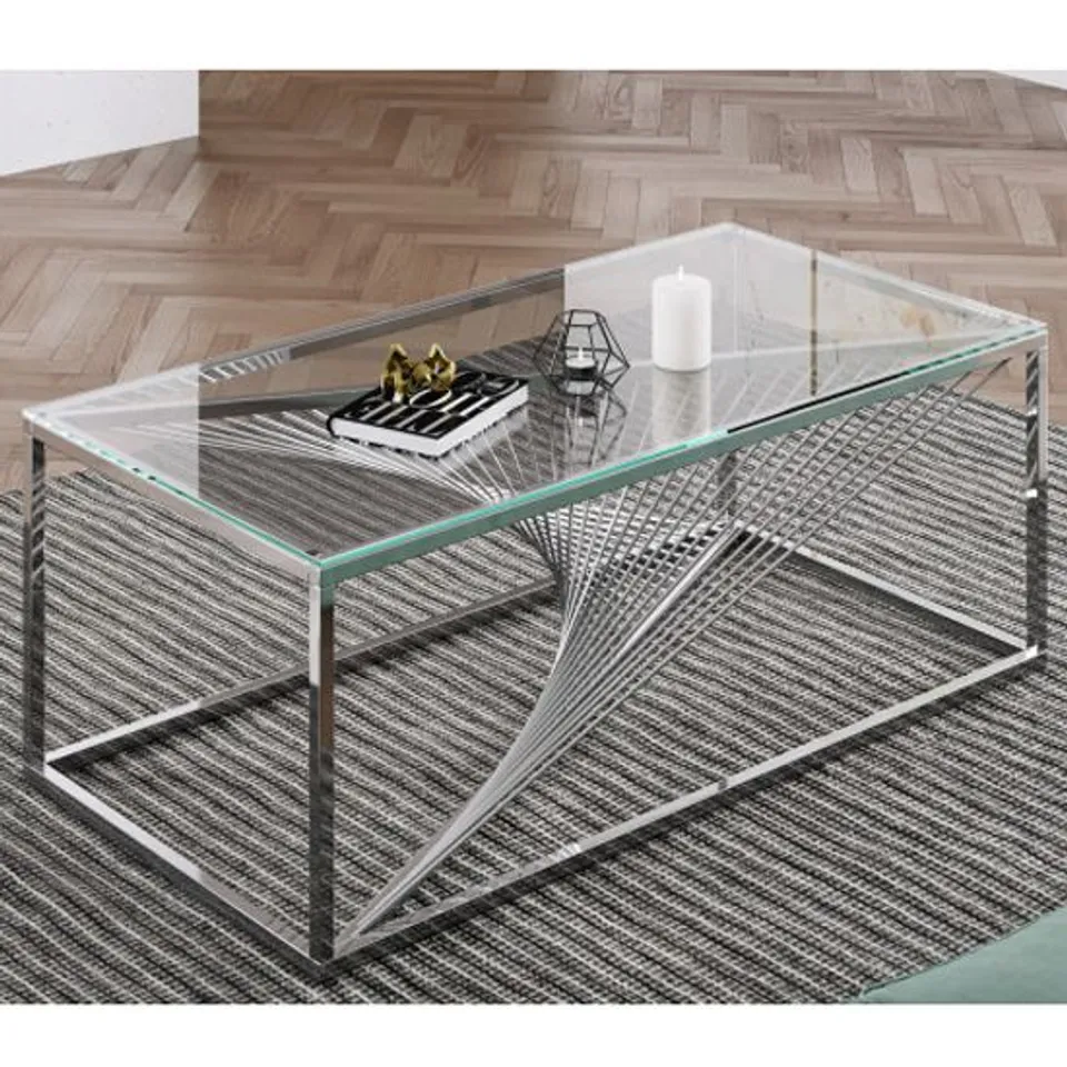 BRAND NEW BOXED BOLZANO CLEAR GLASS COFFEE TABLE WITH SILVER STAINLESS STEEL LEGS (1 BOX)