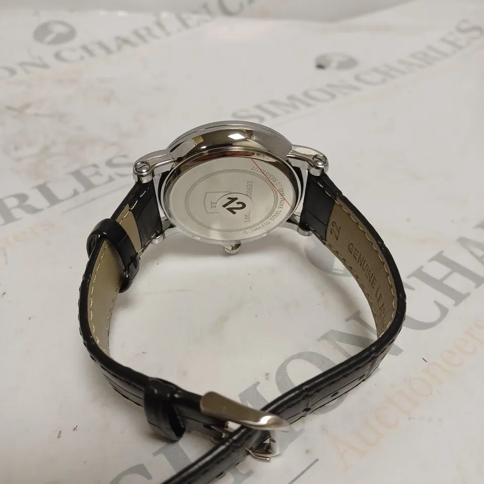 MENS LOUIS LACOMBE CHRONOGRAPH WATCH – MULTI FUNCTION DIAL WITH DATE – ROMAN NUMERAL DIAL – LEATHER STRAP – GIFT BOX