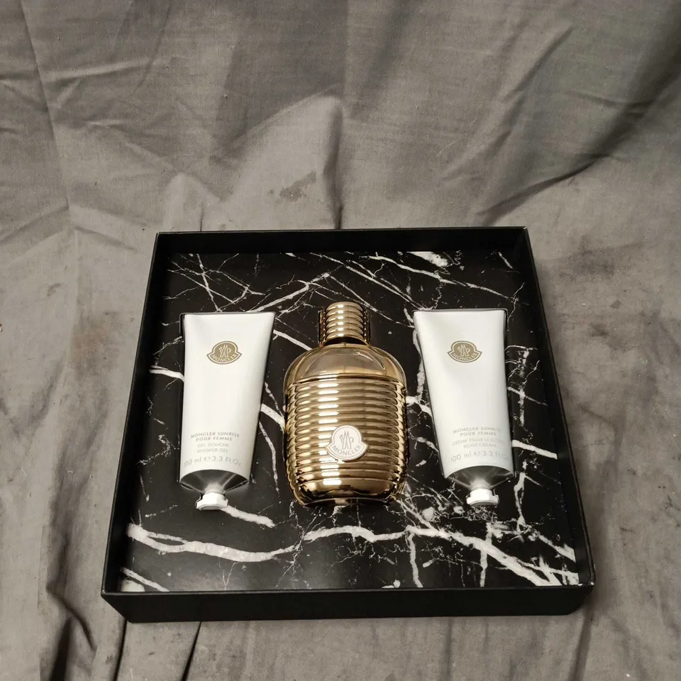 MONCLER SUNRISE POUR FEMME GIFT SET, SHOWER GEL/BODY CREAM/EAU DE PARFUM. BOXED
