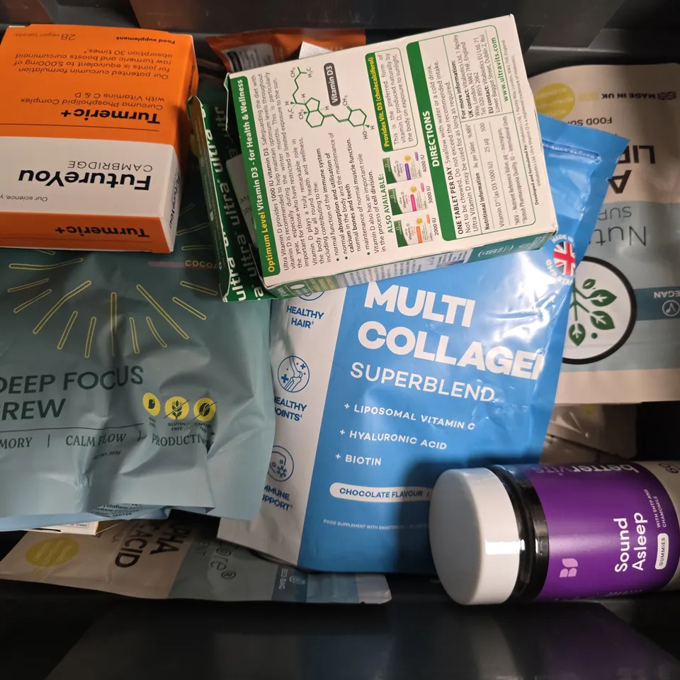 APPROXIMATELY 15 ASSORTED VITAMIN/HEALTH AID PRODUCTS TO INCLUDE ELAVATE MULTI COLLAGEN, BETTERVITS SOUND ASLEEP GUMMIES, BIOFLOW DEEP FOCUS BREW, ETC - COLLECTION ONLY