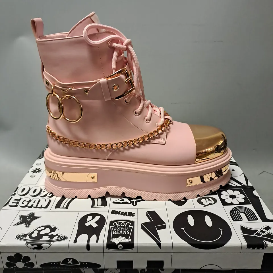 BOXED KOI ROSE GOLD BORIN HARDWARE PLATFORM BOOTS - UK 8 