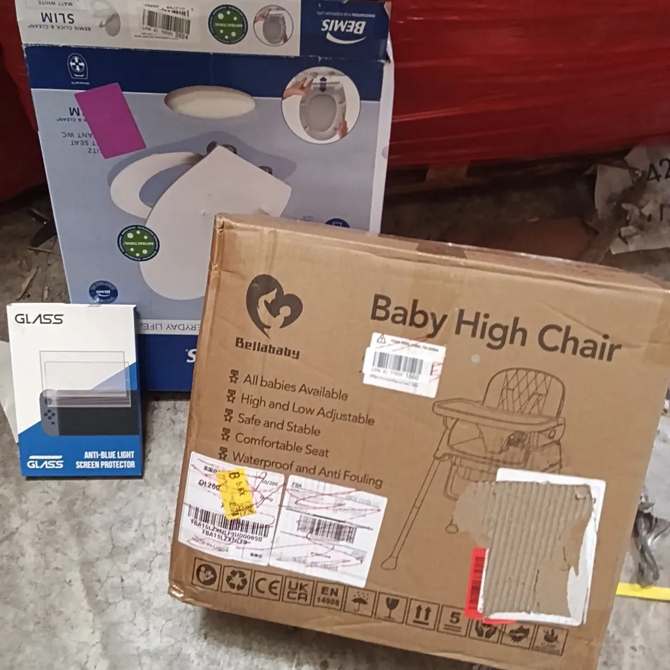 PALLET OF ASSORTED ITEMS INCLUDING - TOILET SEAT , BABY HIGH CHAIR , SCREEN PROTECTOR 